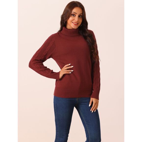 High Neck Long Sleeve Casual Chunky Warm Pullover Sweater Top Wine Red - Picture 2 of 5
